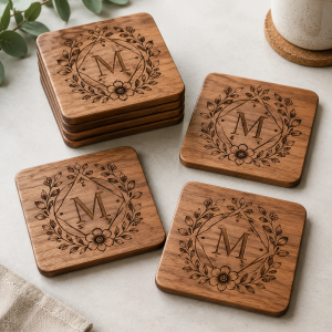 Custom Engraved Wooden Coasters for Weddings, Gifts and Logo Orders