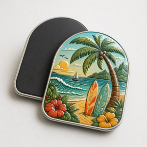 Custom Tin Fridge Magnets with Stamped and Embossed Detail