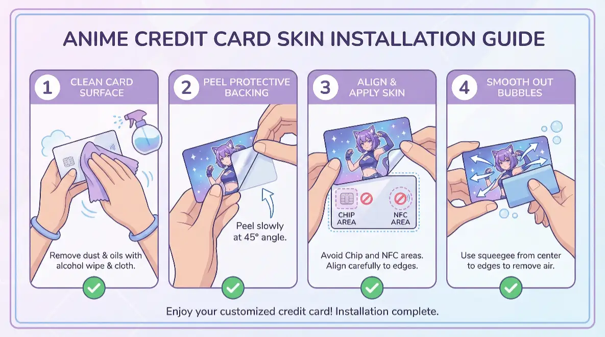 Four-step process for bubble-free anime card skin installation Step-by-step visual guide for applying anime credit card sticker