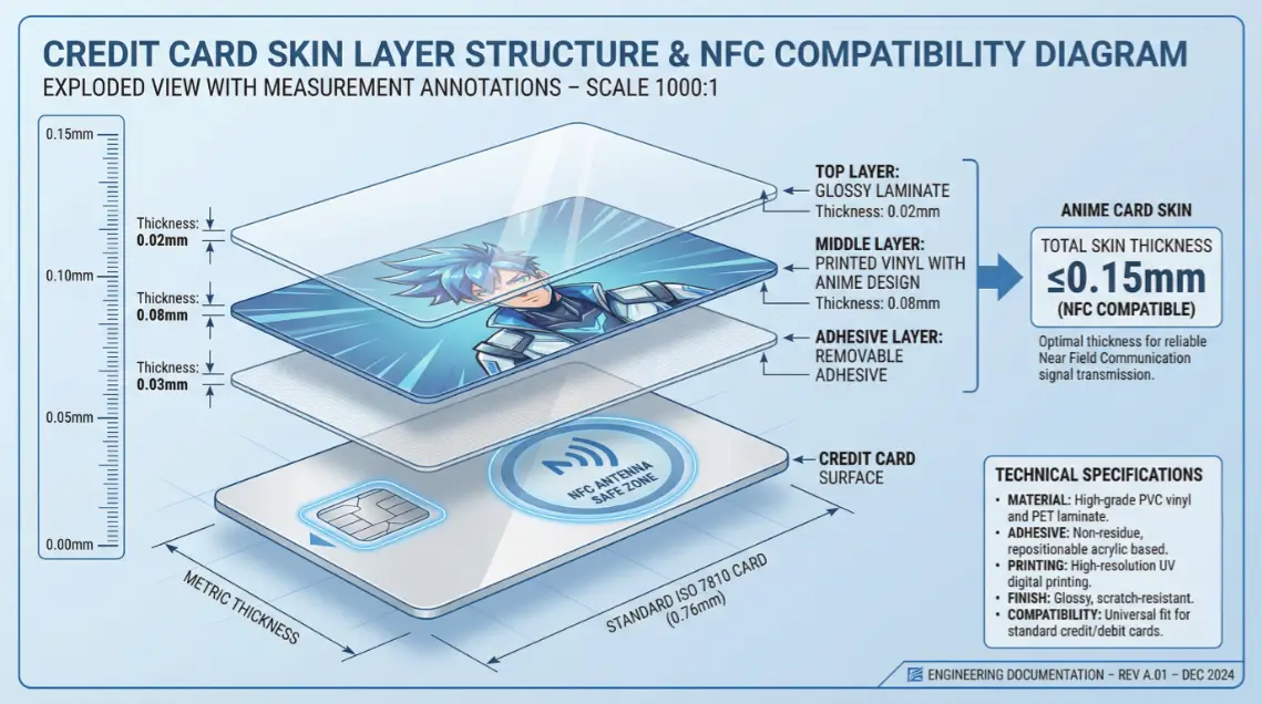Layered structure of anime credit card skin with measurements Cross-section diagram showing anime sticker layer thickness on credit card