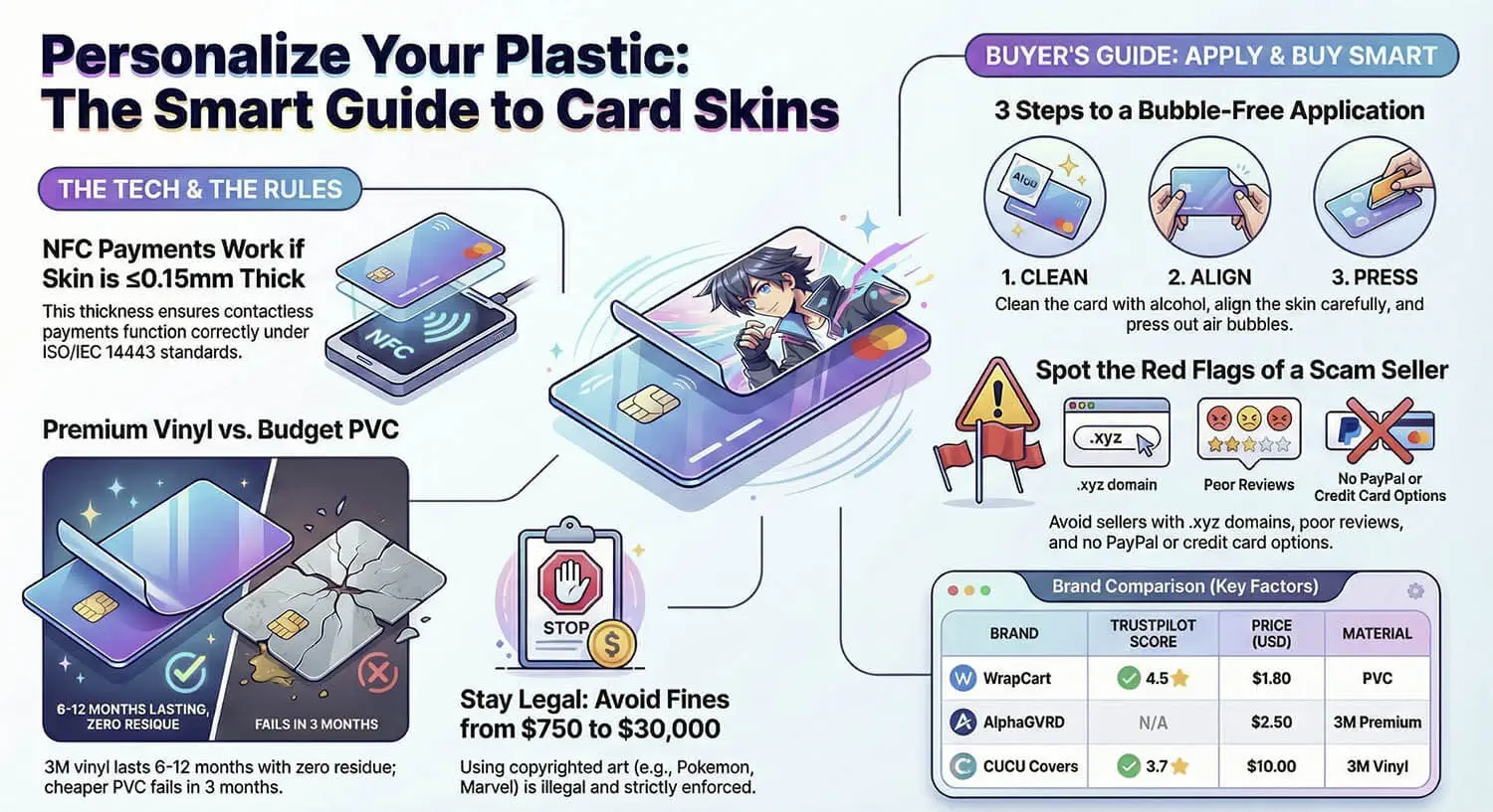 Smart Guide to Card Skins - Complete visual guide for anime card skin customization Smart Guide to Card Skins infographic - anime credit card skin styles, application steps, and NFC compatibility guide