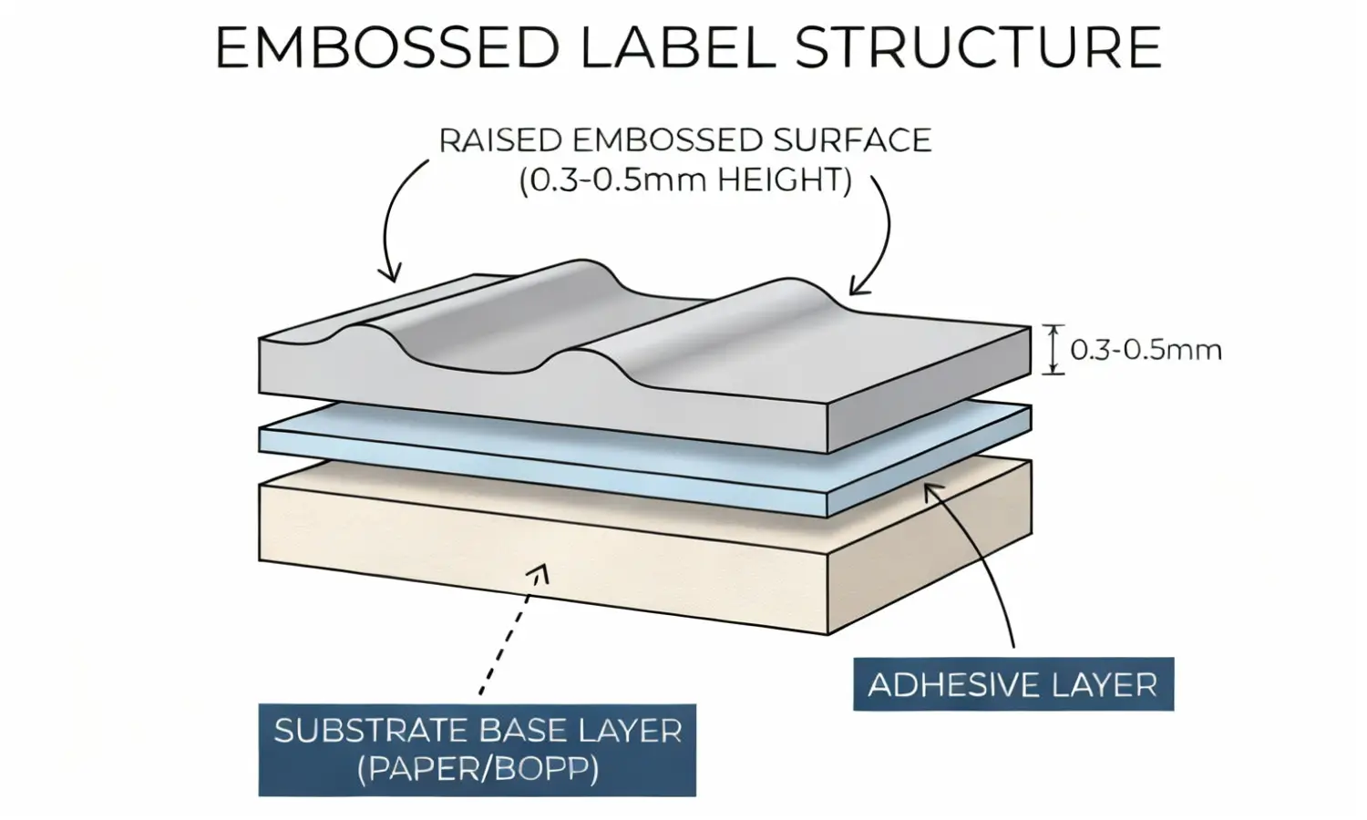 Custom embossed label structure for luxury product branding Embossed label cross-section showing raised surface texture on premium packaging