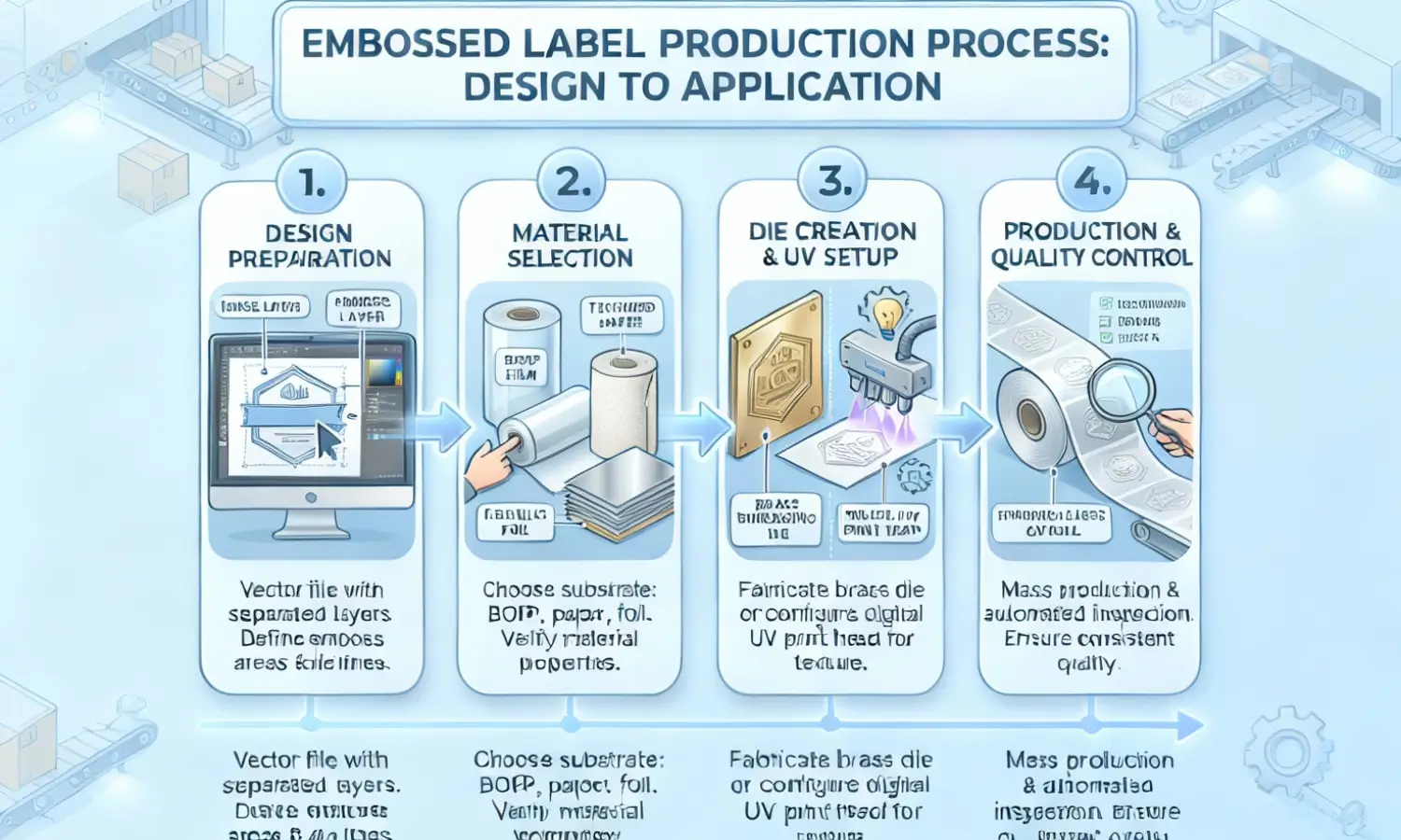 Complete embossed label manufacturing process Step-by-step embossed label production workflow from design to application