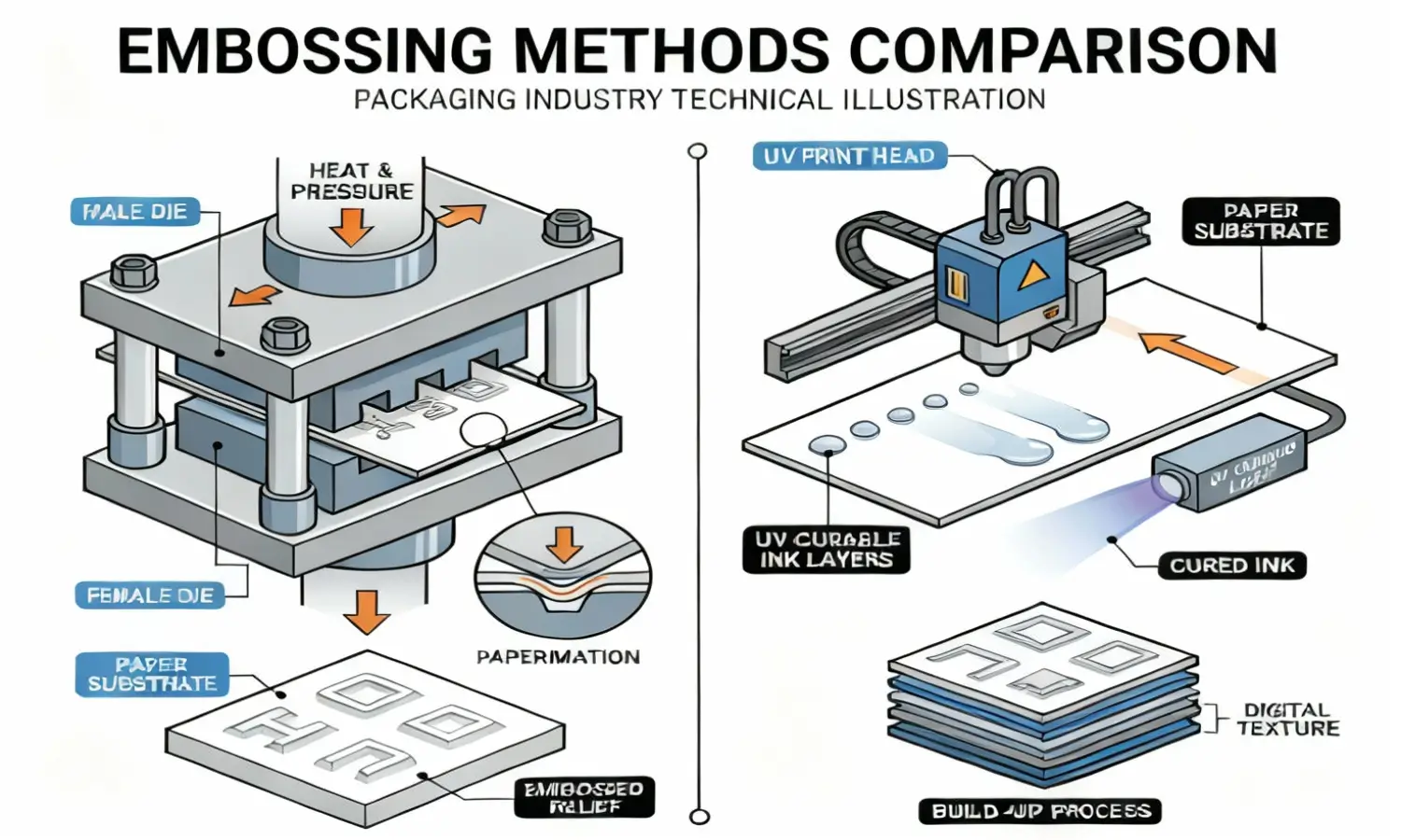 Two primary methods for creating embossed label effects Mechanical embossing vs UV digital embossing comparison diagram