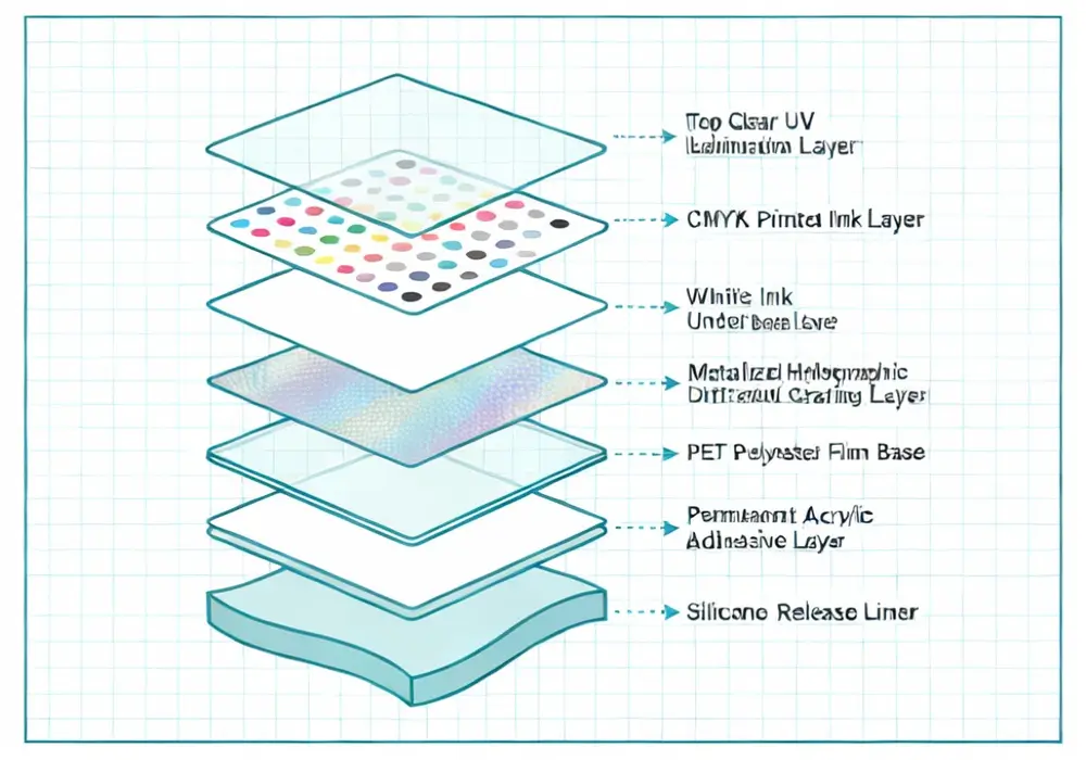 Cross-section diagram showing holographic sticker material layers including PET base, metallic coating, and adhesive