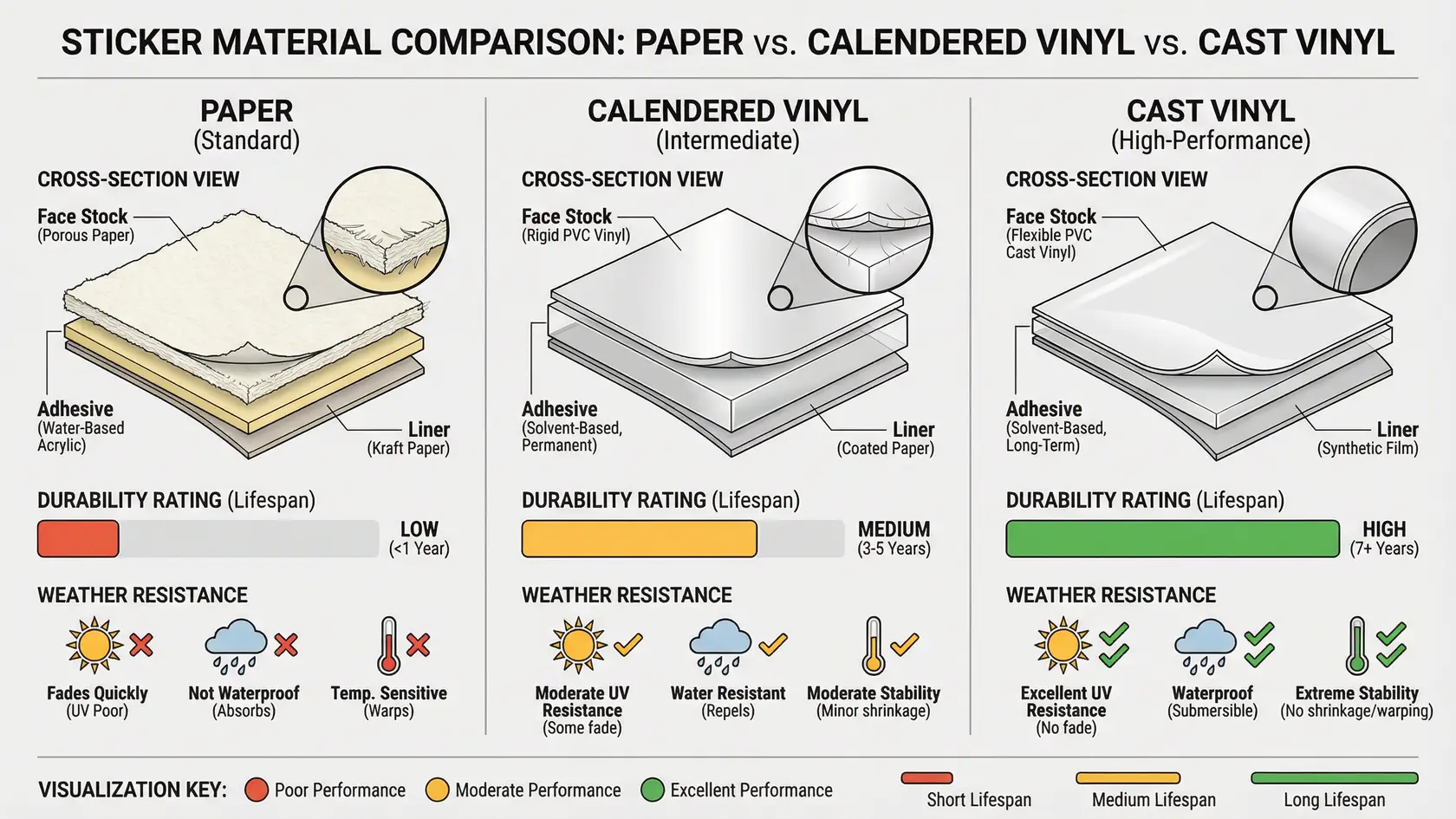 Comparison of vinyl, paper, and specialty sticker materials with durability ratings