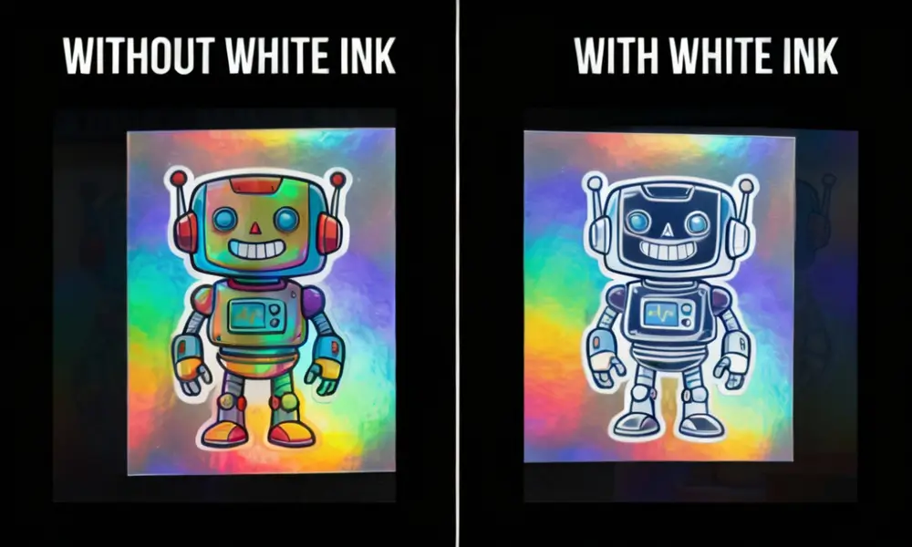 Side-by-side comparison of holographic stickers with and without white ink underbase showing color accuracy difference