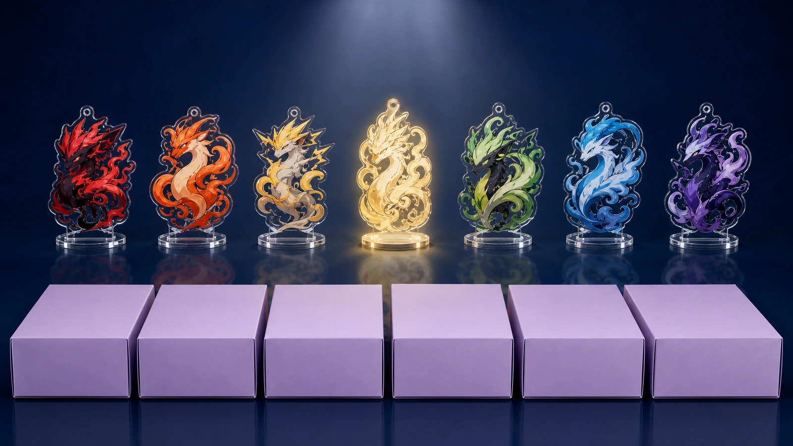 Row of identical sealed opaque blind boxes in front of a lineup of colorful acrylic charm silhouettes, with one gold chase charm glowing in the center