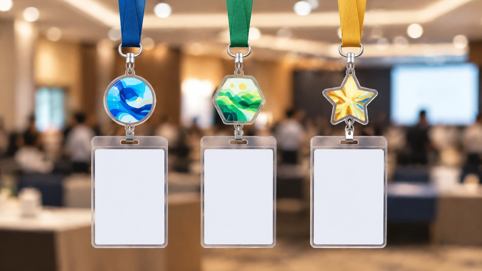Three event lanyards side by side, each carrying a differently colored acrylic charm shape to show attendee tiers