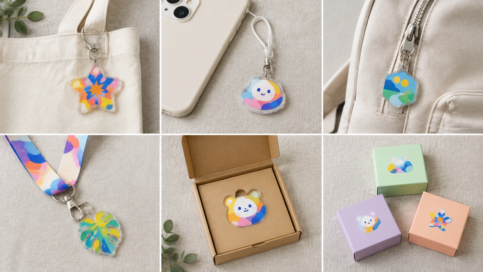 Six acrylic charm formats arranged in a flat lay: a charm on a tote bag strap, a charm on a phone strap, a zipper pull charm, a lanyard charm, a flat charm inside an open mailer box, and sealed blind boxes