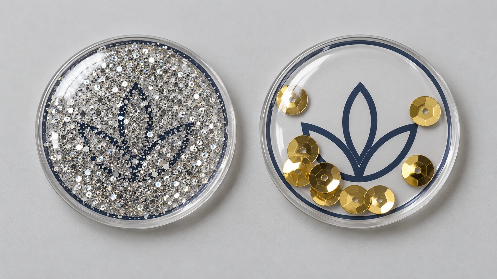 Two identical abstract emblem stickers side by side: one buried under dense fine glitter, the other clearly visible with a few large sequins