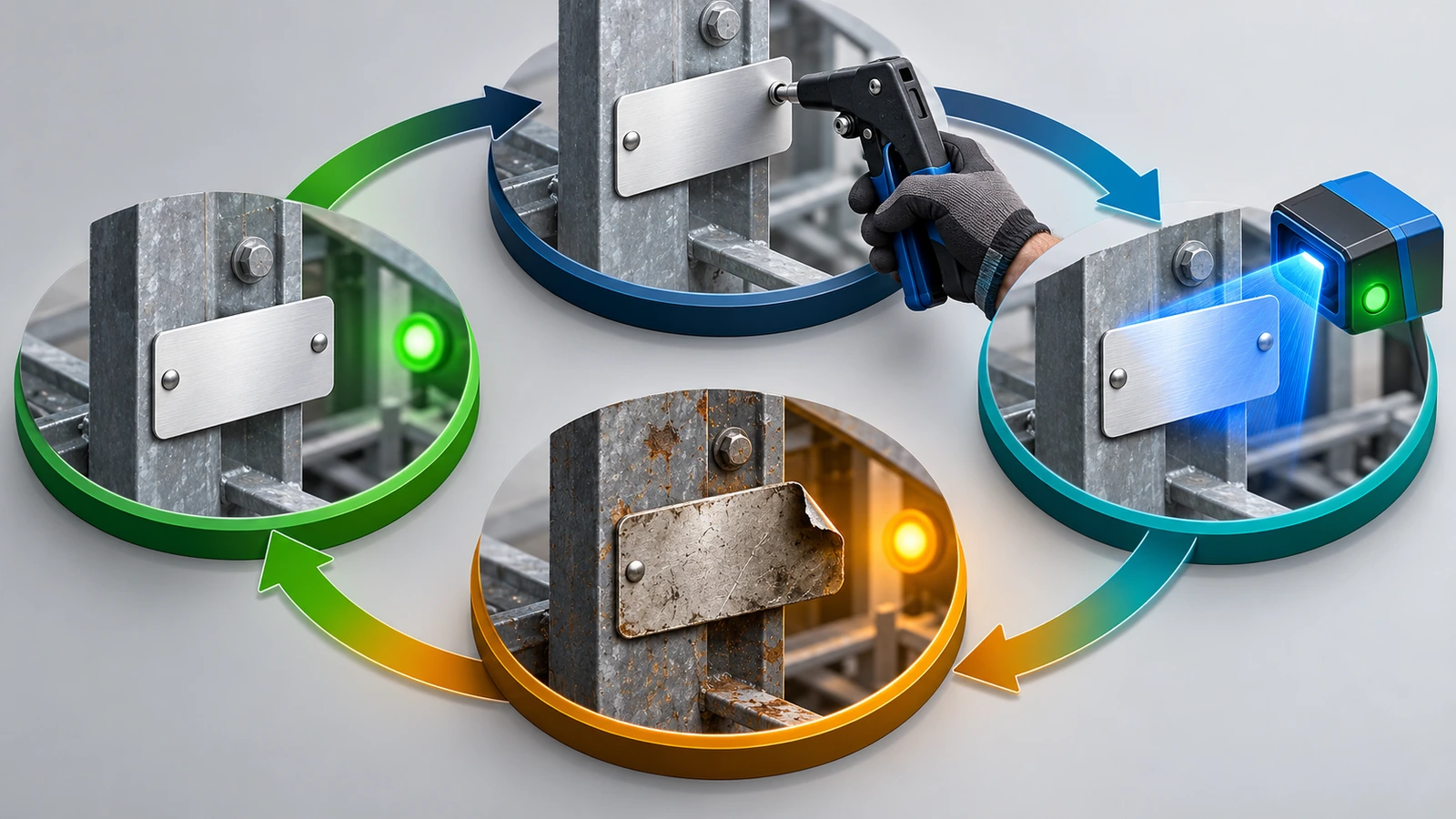 Lifecycle loop for an equipment tag: install, scan verification, worn tag with a lifted edge, and replacement tag in the same position