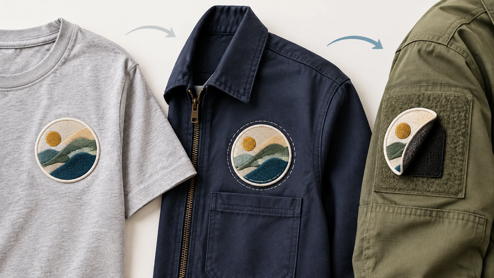 Three garments side by side showing a heat-pressed patch, a sewn patch with visible perimeter stitching, and a hook-and-loop patch partly lifted