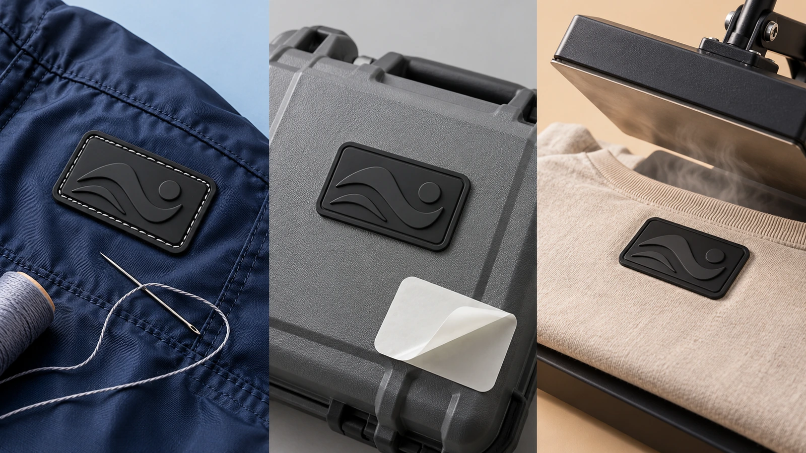Three identical rubber patches attached by stitching, by adhesive tape and by a heat press, shown side by side on fabric and a hard case