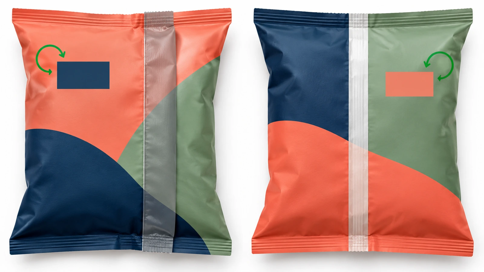 Back view of two pillow pouches comparing a folded fin seal with a flat lap seal overlap and the artwork zones each one hides