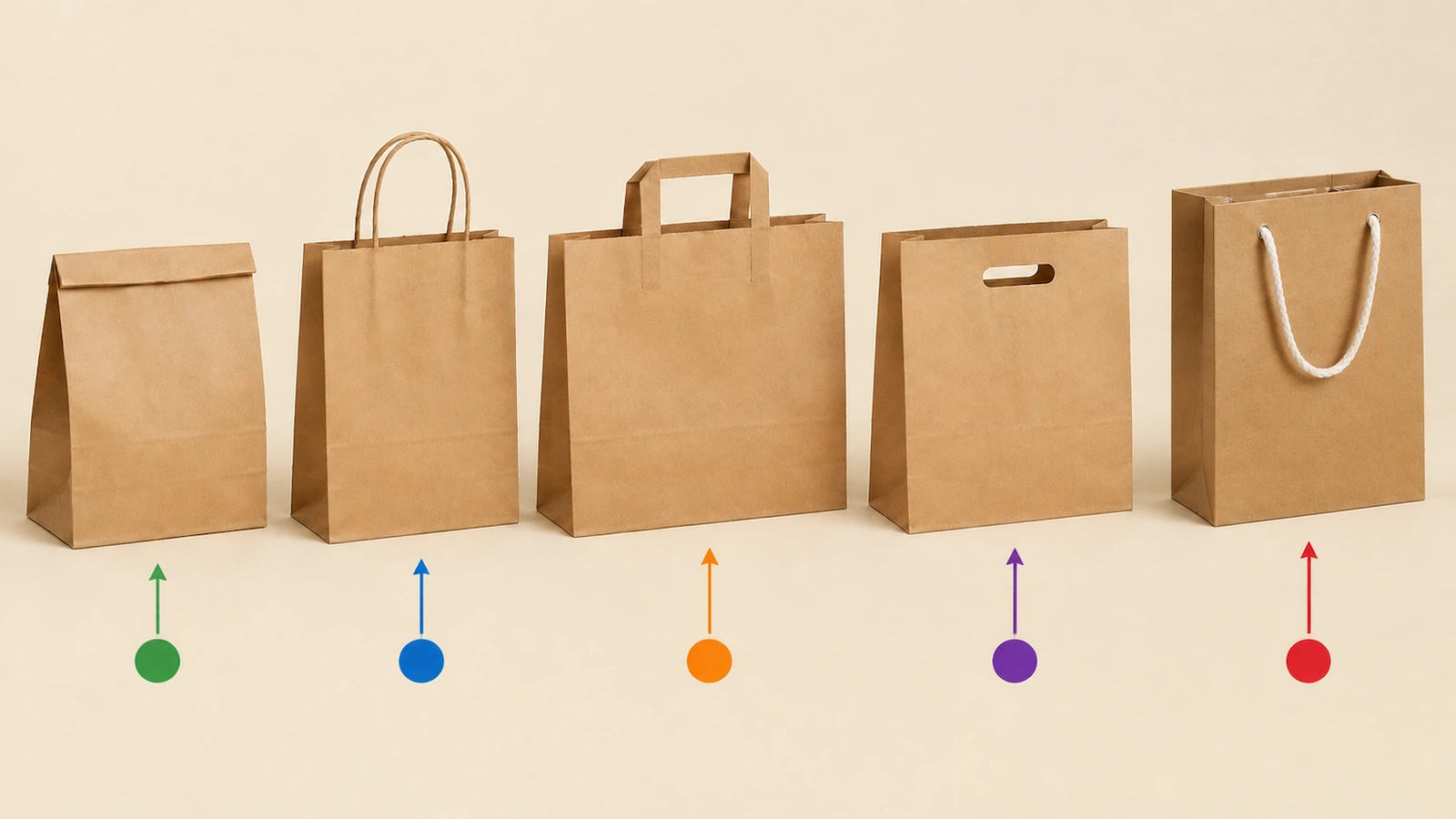 Silhouettes of flat-bottom, twisted-handle, flat-handle and rope-handle paper bags compared side by side