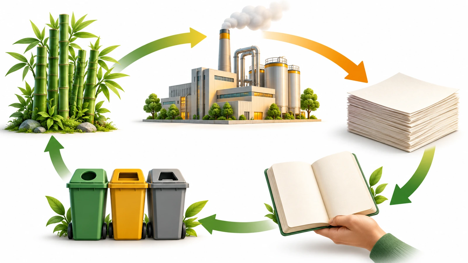 Lifecycle of a bamboo notebook from a managed bamboo grove through processing, paper, use and end-of-life, showing where environmental impact rises and falls