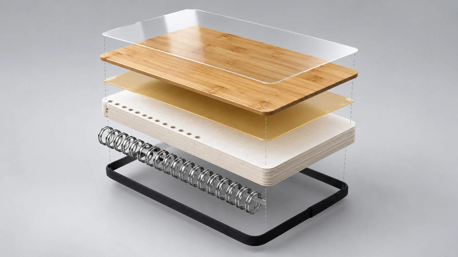 Exploded view of a bamboo cover notebook separating the bamboo board, adhesive layer, surface coating, paper block, metal binding and elastic band