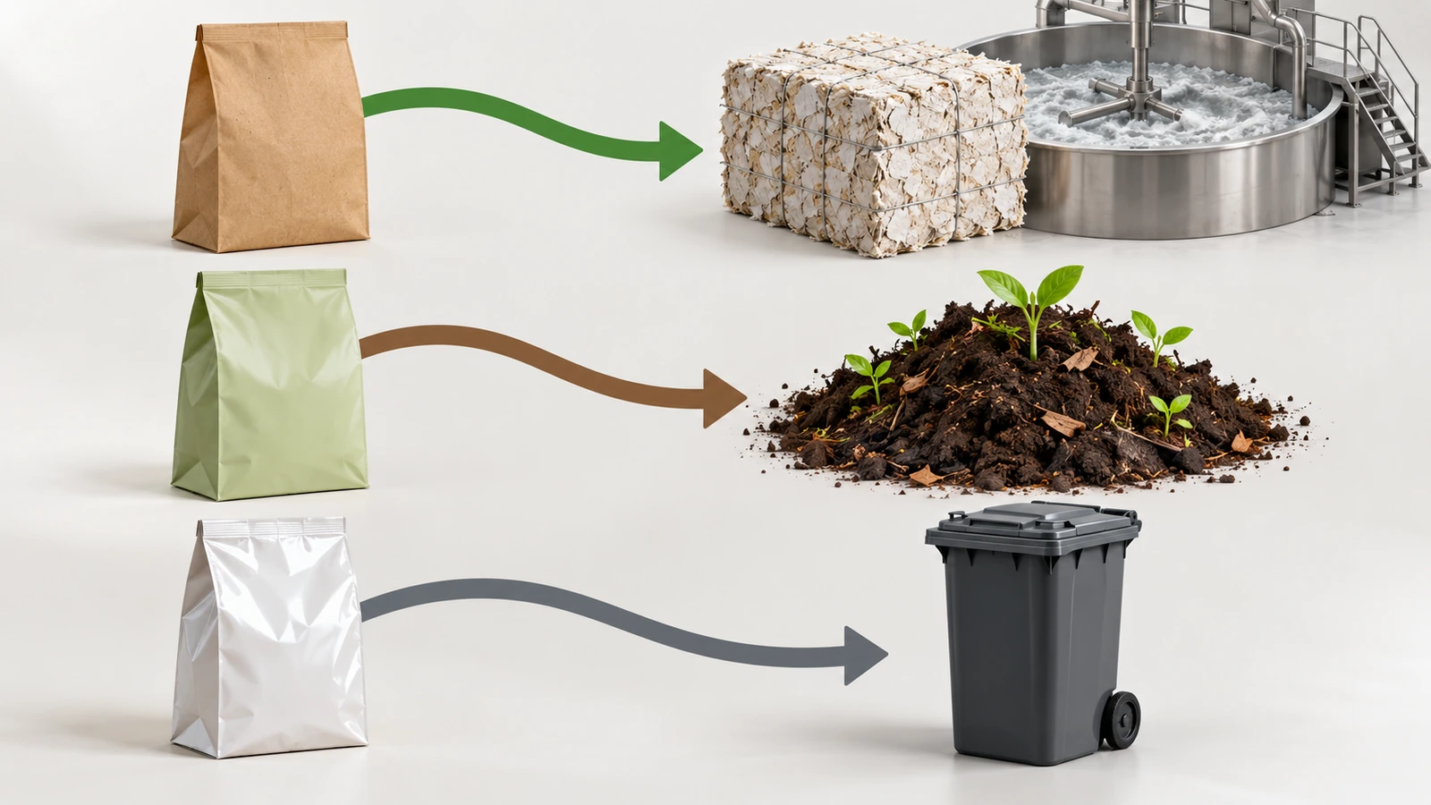 Illustration of three paper food bags following separate arrows to a paper recycling stream, an industrial compost site and a residual waste bin, showing how barrier choice shapes end-of-life routes