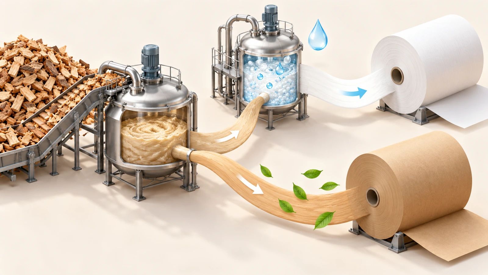 Illustration of a single kraft pulp stream splitting into two paths, one going straight to brown kraft paper rolls and one passing through an extra bleaching stage to white kraft rolls