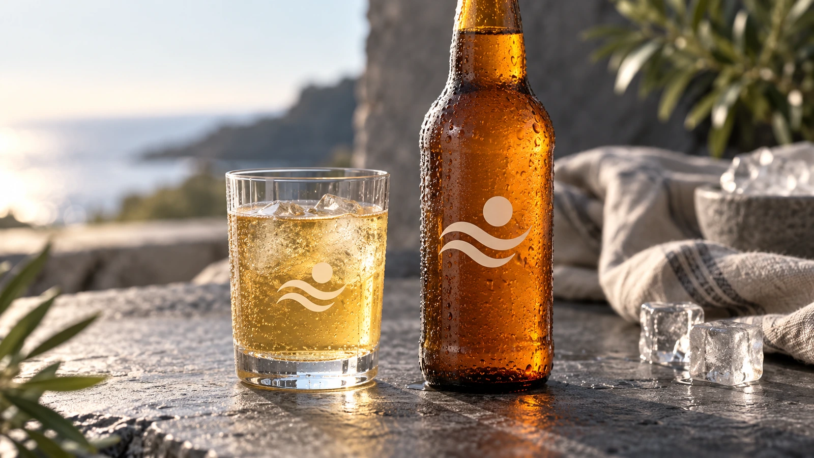 Branded glass tumbler and amber glass bottle with simple abstract decals, the bottle showing beads of condensation