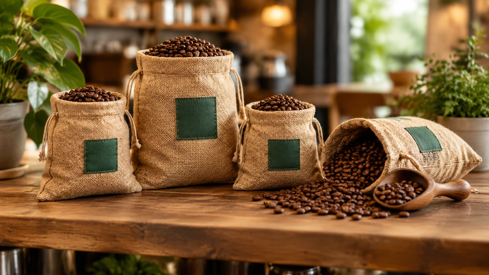 Small natural jute drawstring sacks filled with roasted coffee beans arranged on a rustic wooden retail shelf