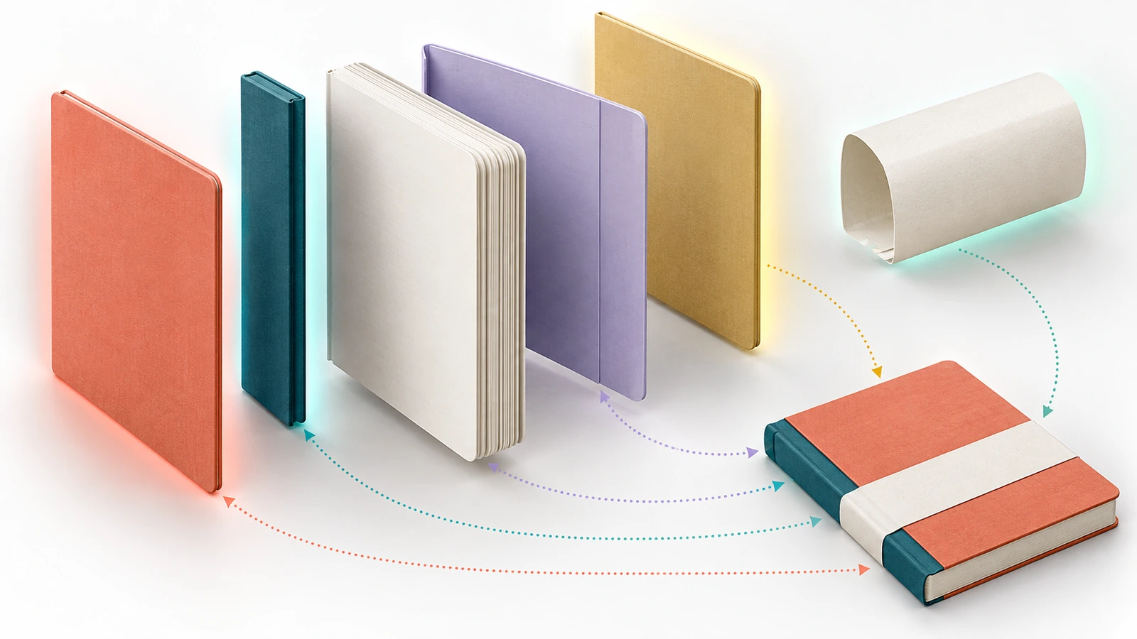 Exploded view of a hardcover notebook with the front cover, spine, back cover, inside cover and a removable band each highlighted in a different color
