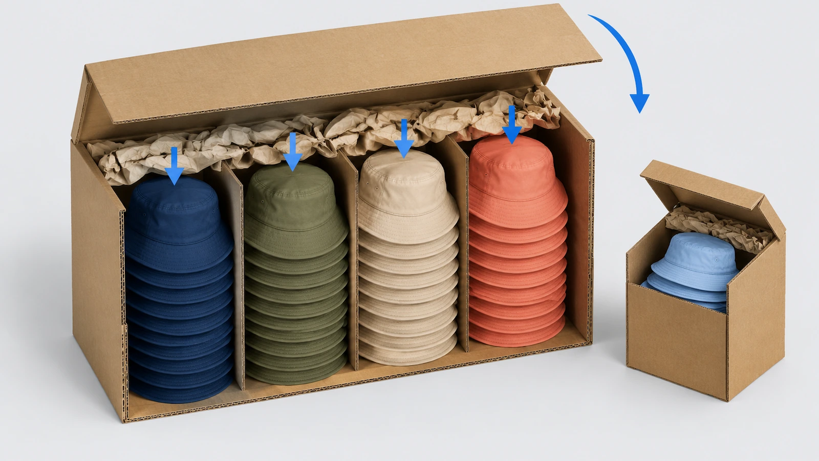 Cutaway illustration of a shipping carton holding upright nested stacks of bucket hats divided by color, with arrows indicating stacking direction and void fill