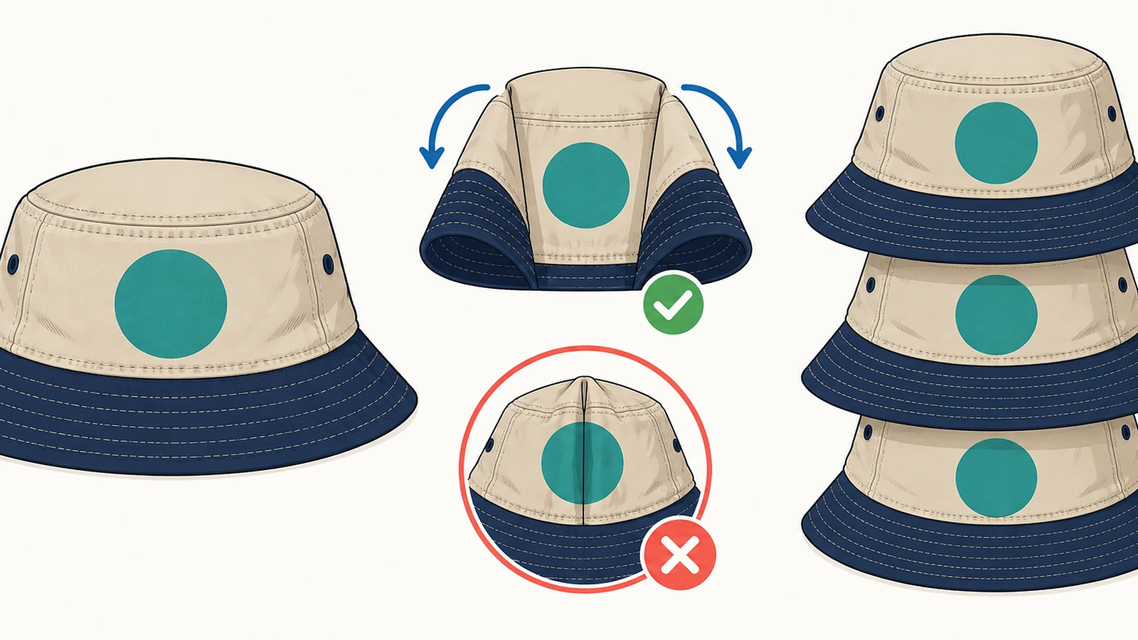 Diagram of three bucket hat packing methods: lying flat, folded along the side seams with the front panel kept smooth, and nested crown into crown, with arrows showing the fold direction