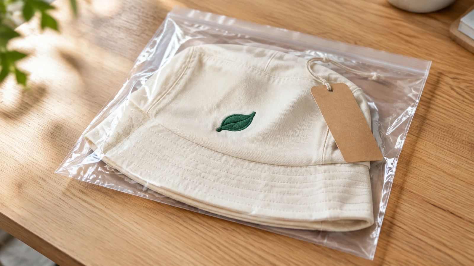 Side-folded bucket hat inside a clear polybag with a blank kraft hang tag attached at the sweatband by a string loop