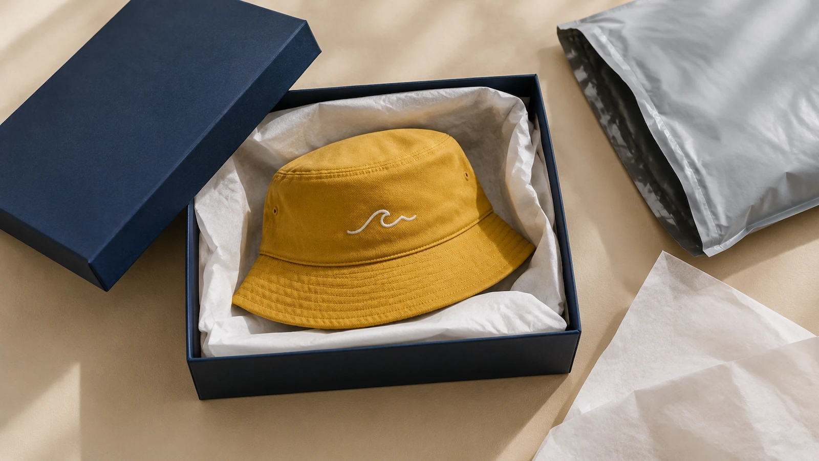 Folded bucket hat resting on tissue paper inside an open rigid gift box, next to a padded mailer, on a neutral studio background
