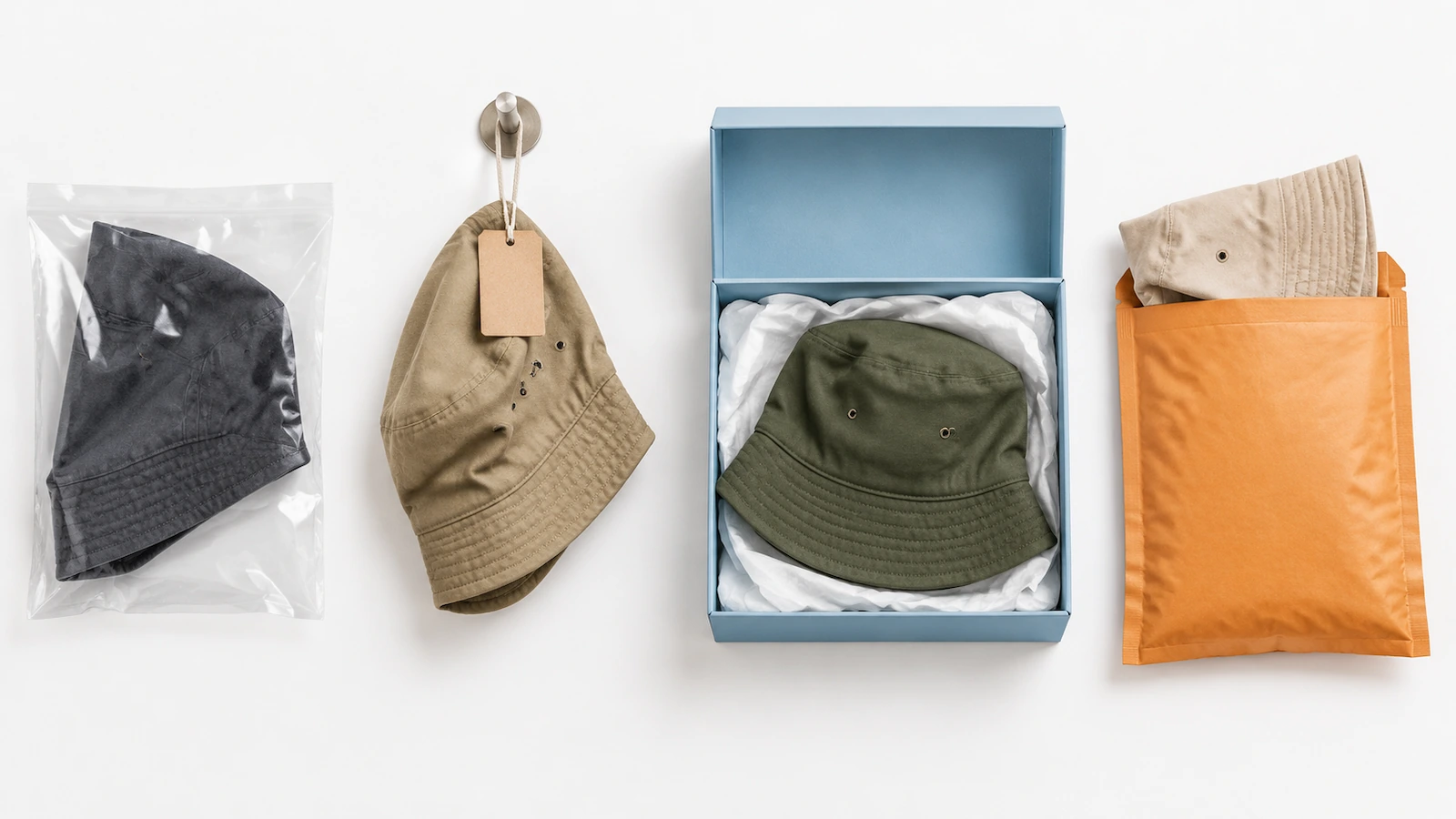 Four bucket hat packaging formats side by side: a hat in a clear polybag, a hat with a blank hang tag on a peg, a hat in an open branded box with tissue, and a hat folded in a padded mailer