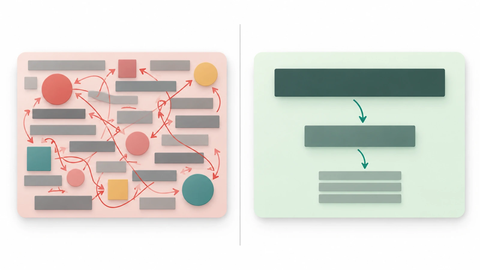 Diagram comparing a crowded business card with a clean three-level hierarchy, with arrows showing eye flow from focal point to contact details