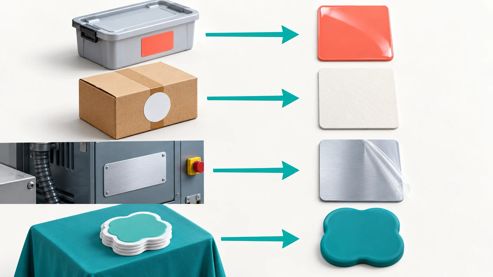 Four business sticker applications shown as icons: a branded product, a sealed shipping box, a labeled industrial machine and a giveaway table, each connected by arrows to a different sticker material swatch