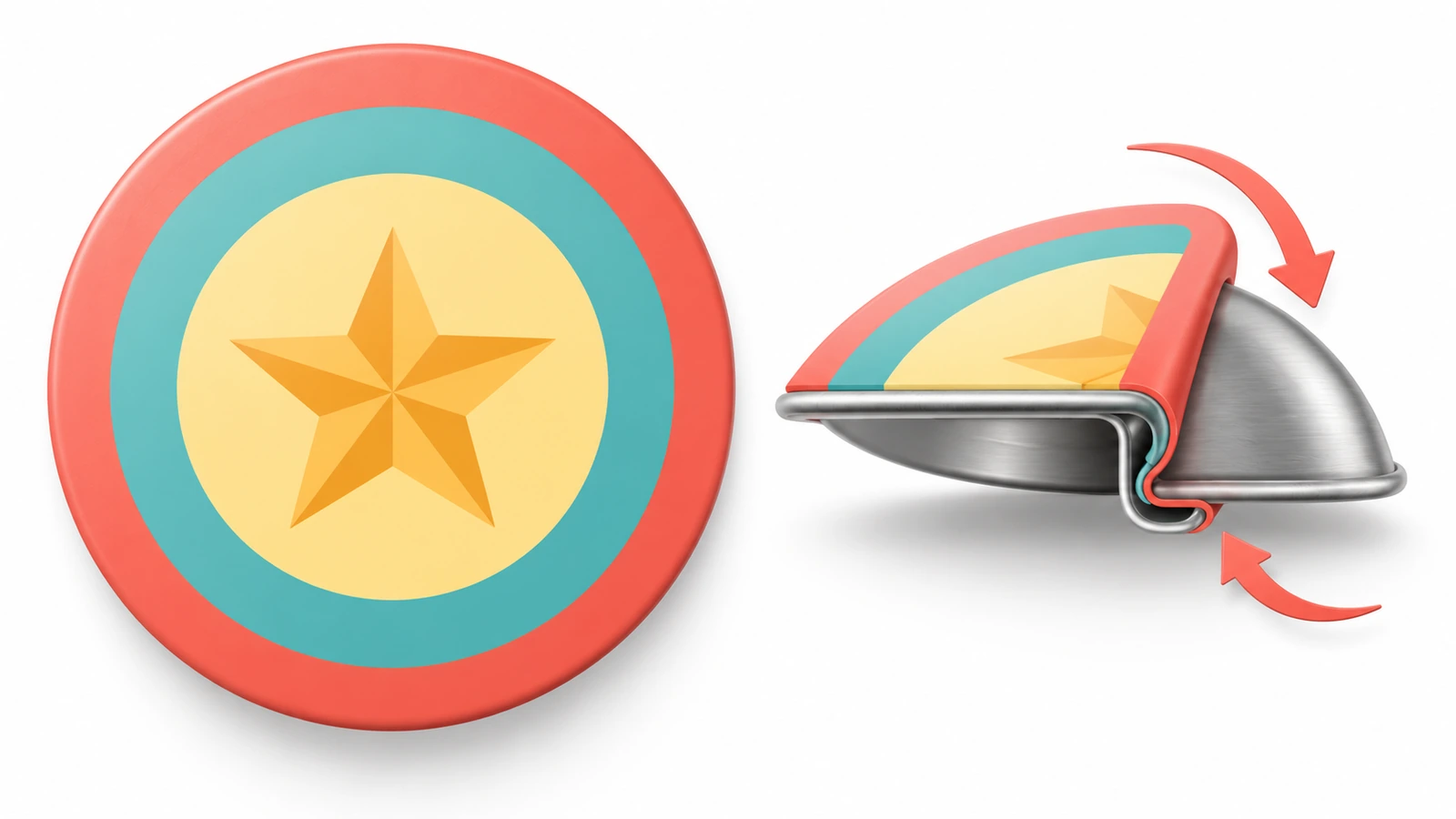 Concentric-circle diagram of button mirror artwork with an outer wrap band, a middle visible face and an inner safe zone, shown in three contrasting colors with arrows pointing inward