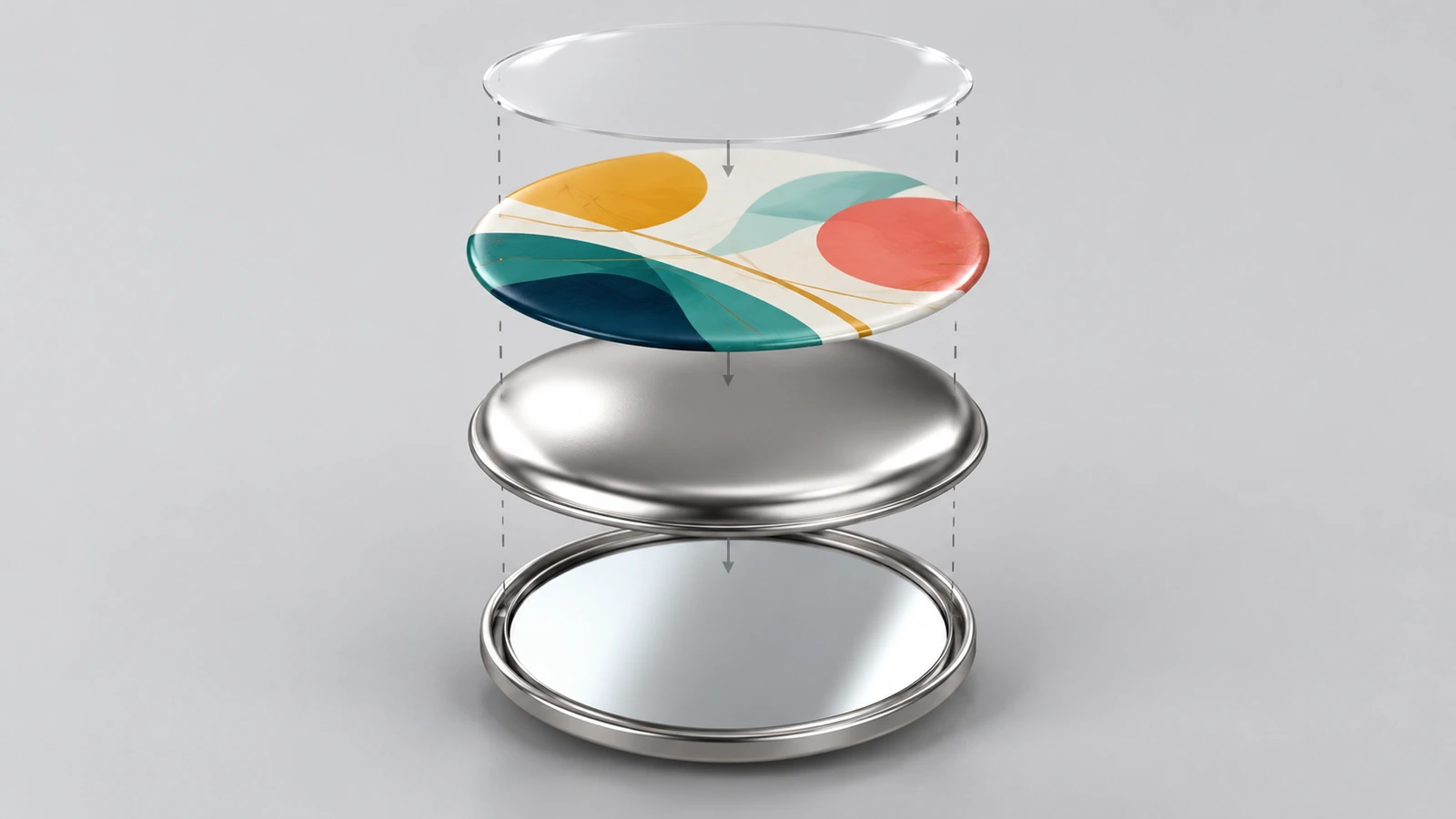 Exploded view of a custom button mirror showing the metal shell, printed artwork disc, clear protective film and mirror back plate separated along a vertical axis