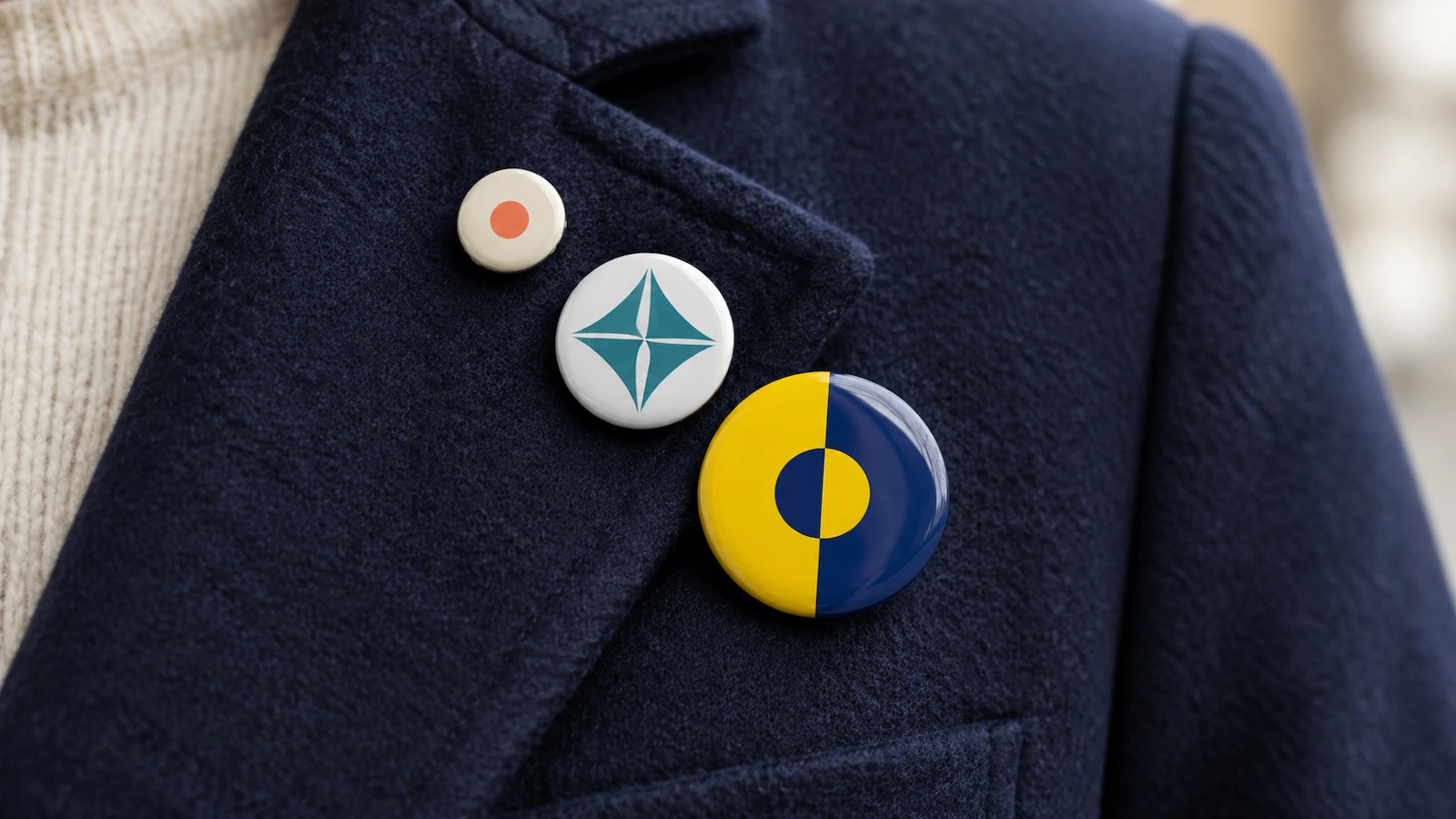 Three round pinback buttons of small, standard and large diameter pinned in a row on a navy jacket lapel, each with simple abstract color-block artwork
