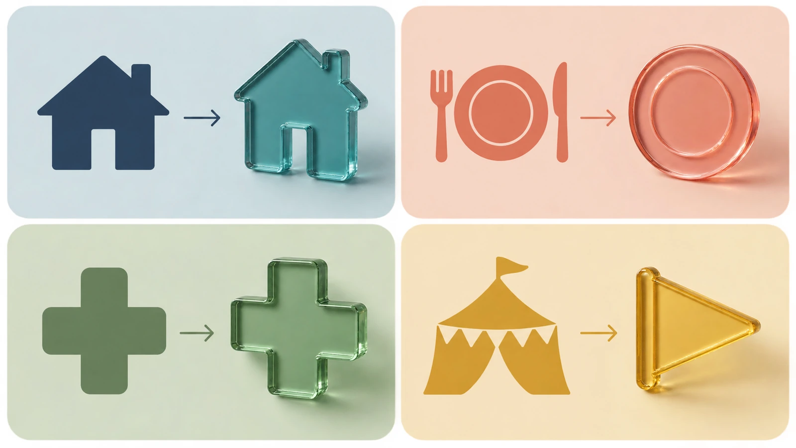 Four-panel illustration pairing a house, a plate and cutlery, a medical cross and an event tent with matching colored magnet shapes to show different campaign goals