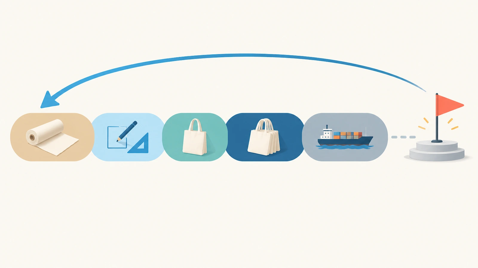 Backward-planning diagram with colored blocks for fabric, artwork, sampling, production and transit leading to an event flag