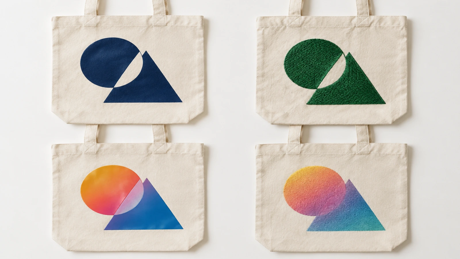 Four natural canvas totes comparing a flat screen-printed block, raised embroidery, a glossy heat transfer and a soft full-color direct print