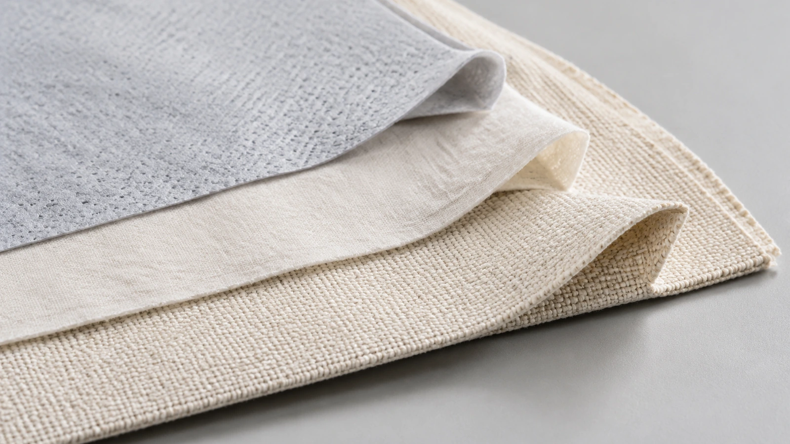 Three fabric swatches stacked to compare thickness: thin bonded non-woven, mid-weight cotton and heavy canvas
