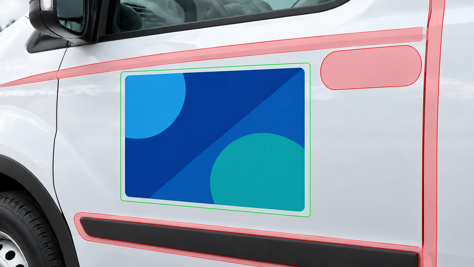 A white service van with a rectangular blue magnetic sign placed flat on the middle of the front door, clear of body lines, handles and trim