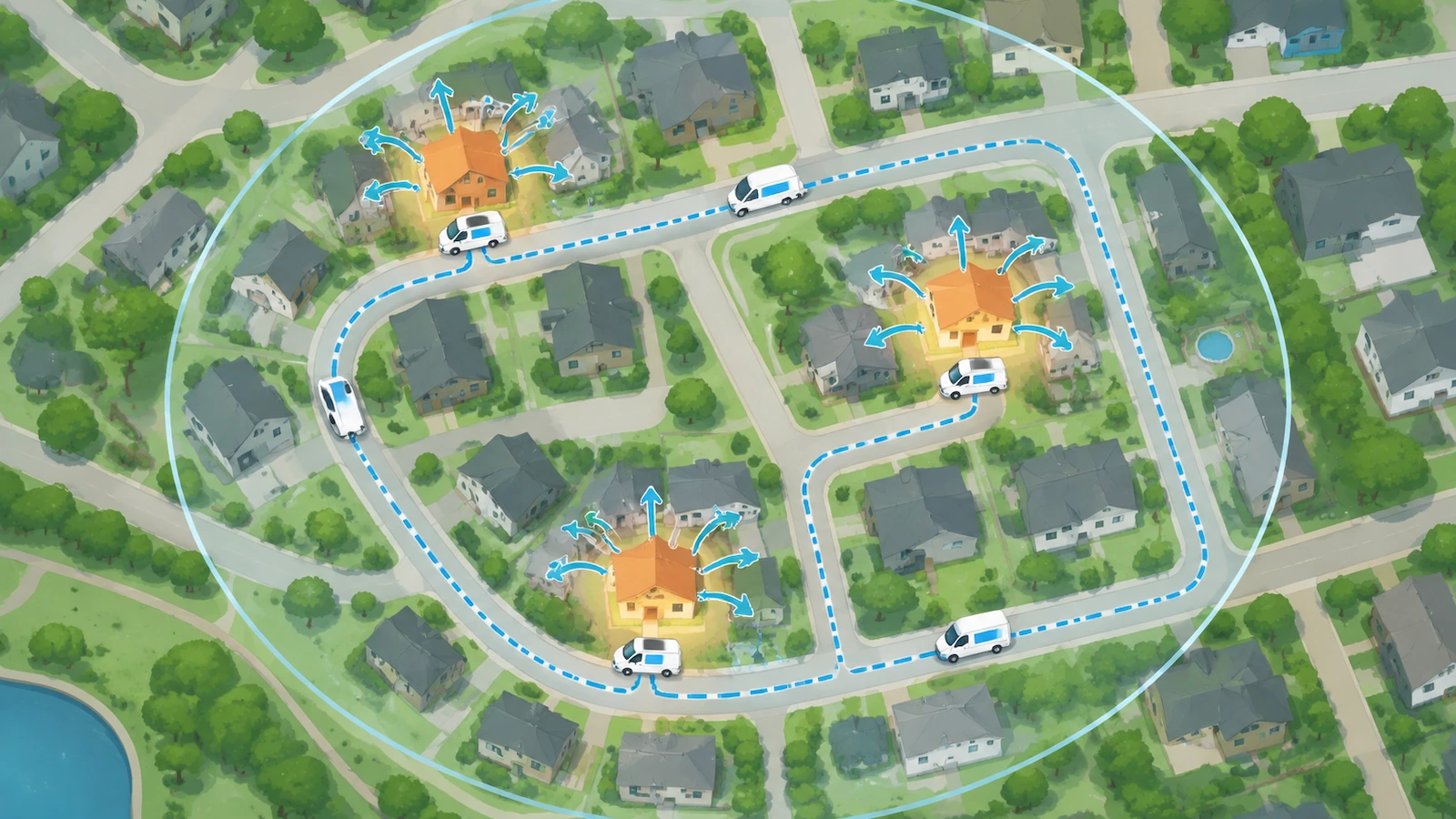 Top-down illustration of a small van following a looping route through a neighborhood, with houses highlighted where the van has parked and arrows showing visibility spreading to neighboring homes