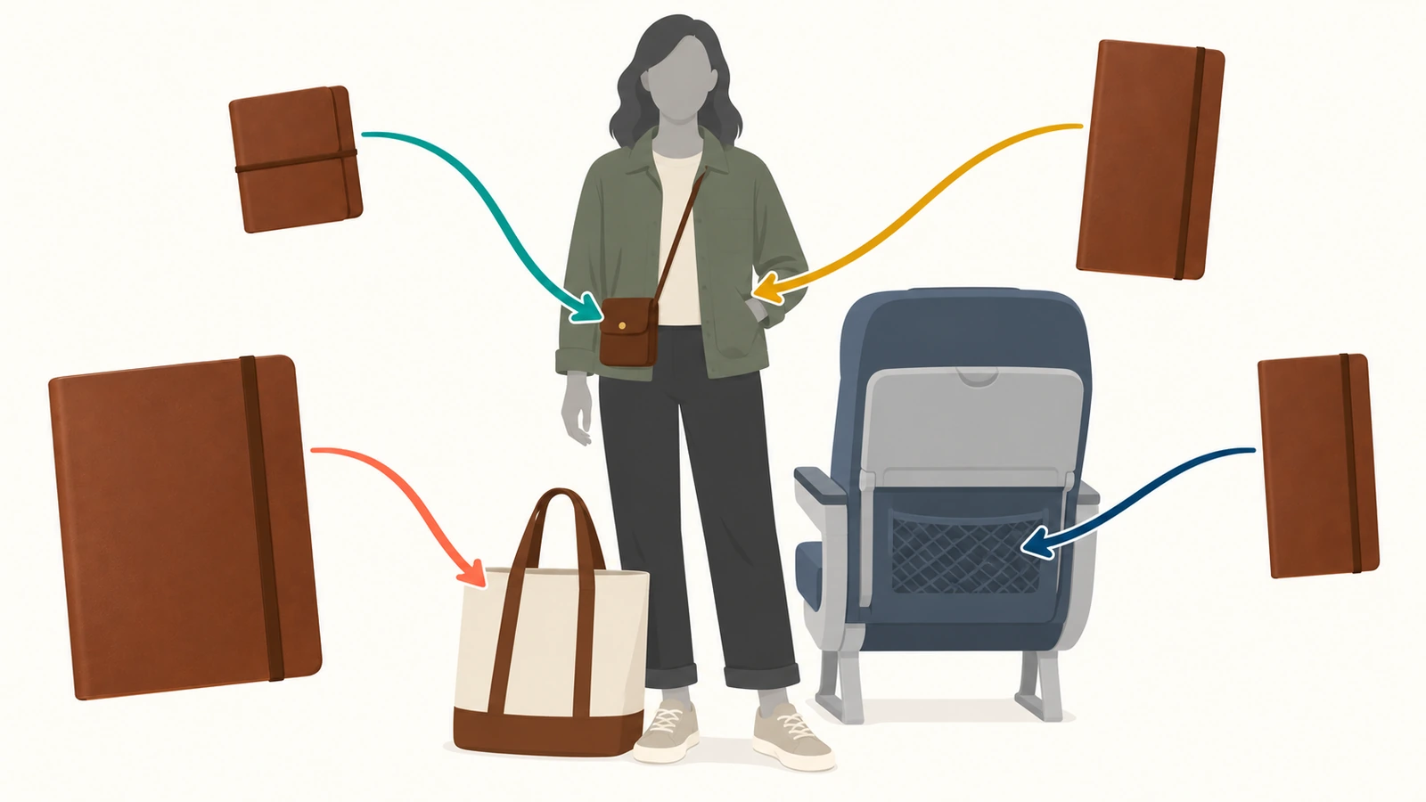 Illustration of a traveler silhouette with colored arrows linking different journal sizes to a jacket pocket, a crossbody bag, a seat-back pocket and a tote