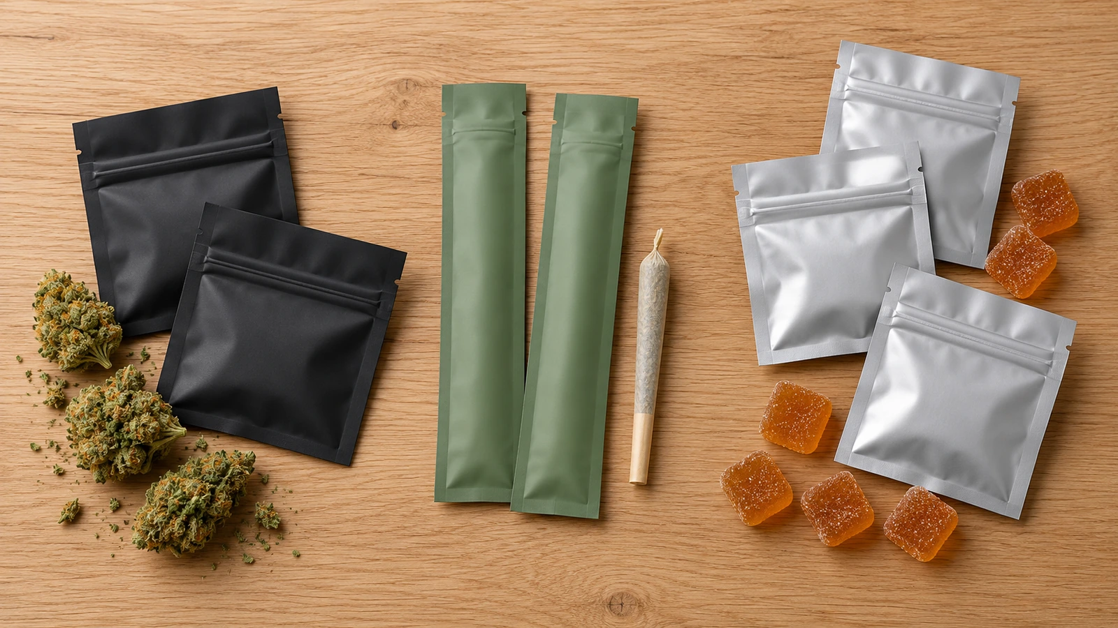 Three groups of matte flat Mylar pouches sorted by product line: flower samples, single pre-rolls and individually dosed gummies
