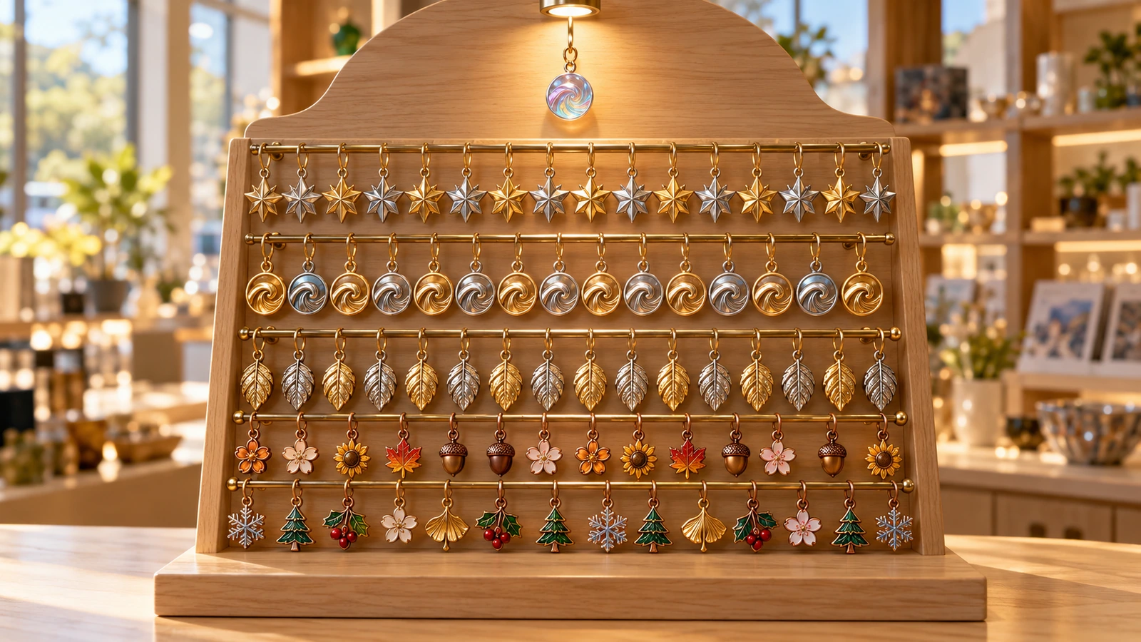 Retail counter display of a metal charm series with rows of core designs, smaller rows of seasonal variants and a single highlighted chase piece