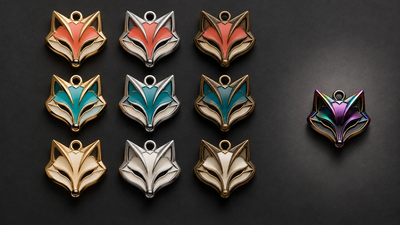 Colorway matrix showing one sculpted charm silhouette repeated in a grid of metal tones and fill colors, with one distinct chase colorway set apart