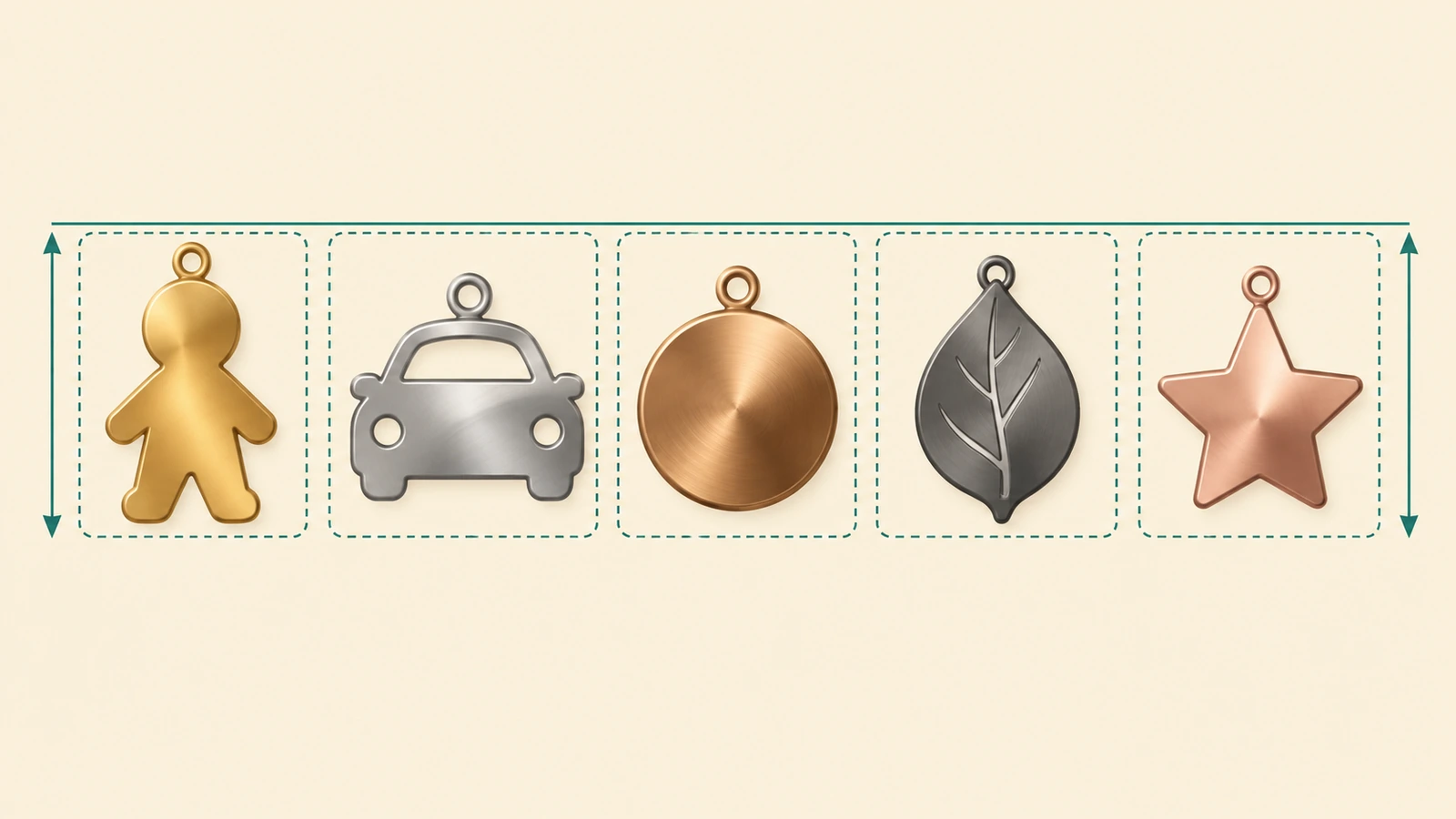 Diagram of a charm series size family: five different charm silhouettes sitting inside identical outlined frames with arrows showing a shared height