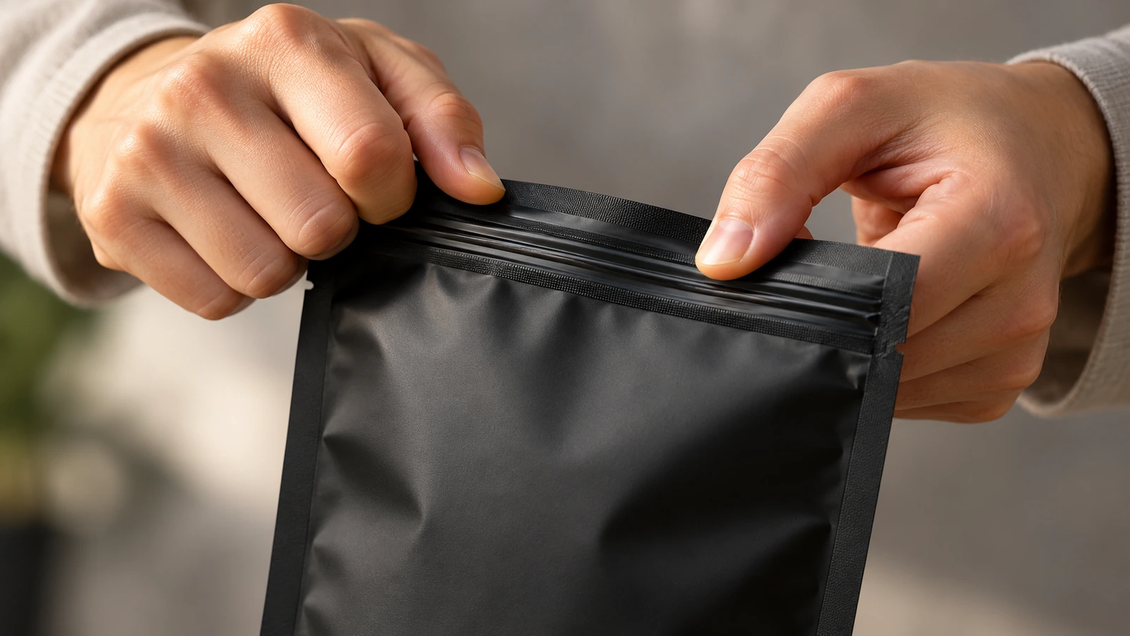 Close-up of adult hands pressing and pinching a child-resistant zipper on a matte black flat pouch