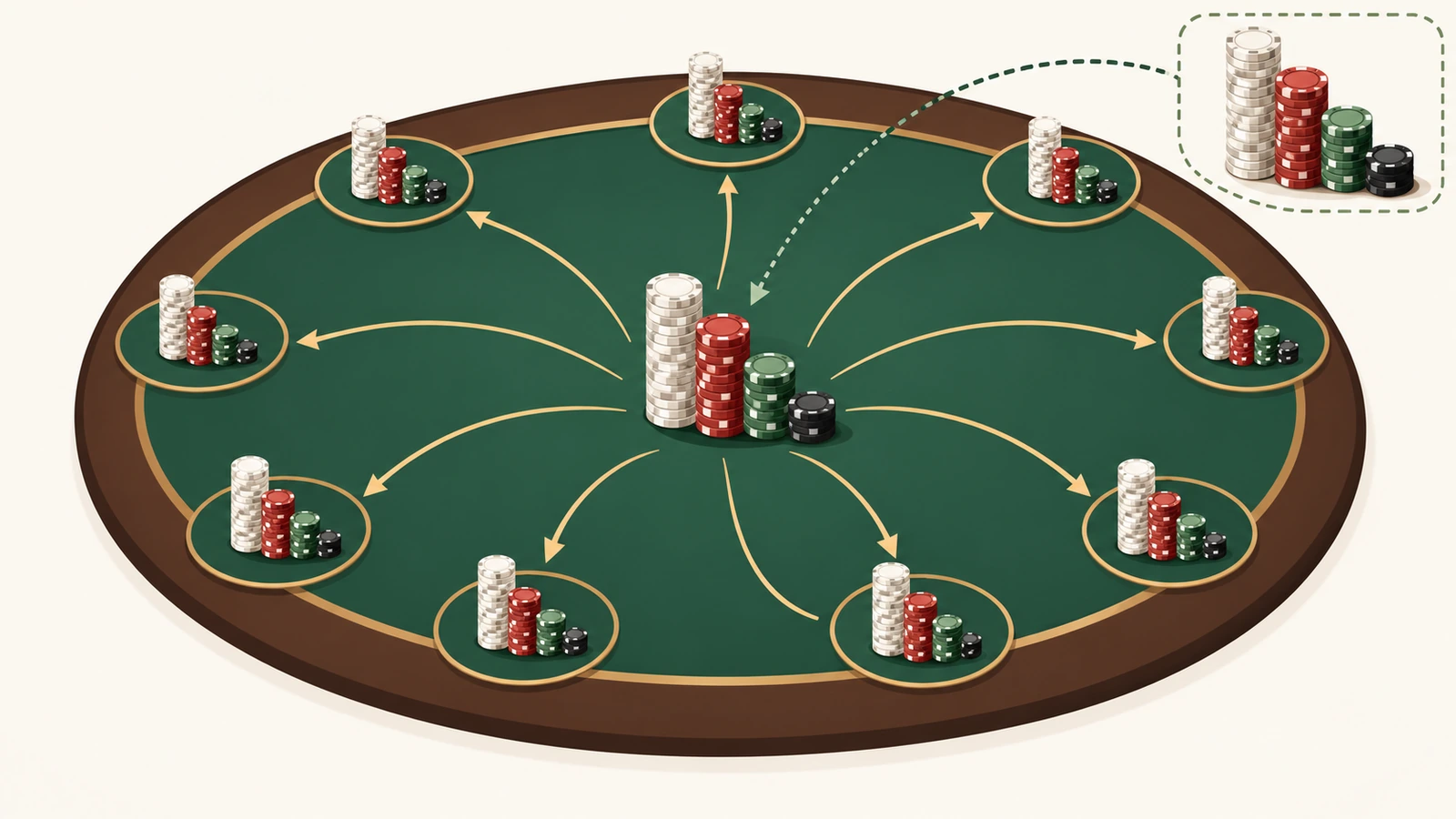 Diagram of a chip bank with chip towers of different heights by denomination, arrows dealing equal starting stacks to player seats and a reserve tower held back for rebuys
